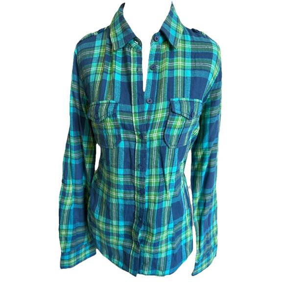 Y2K Aeropostale Flannel Women L Green Plaid Blue VTG Outdoor Preppy Dog LOGO - Picture 1 of 11